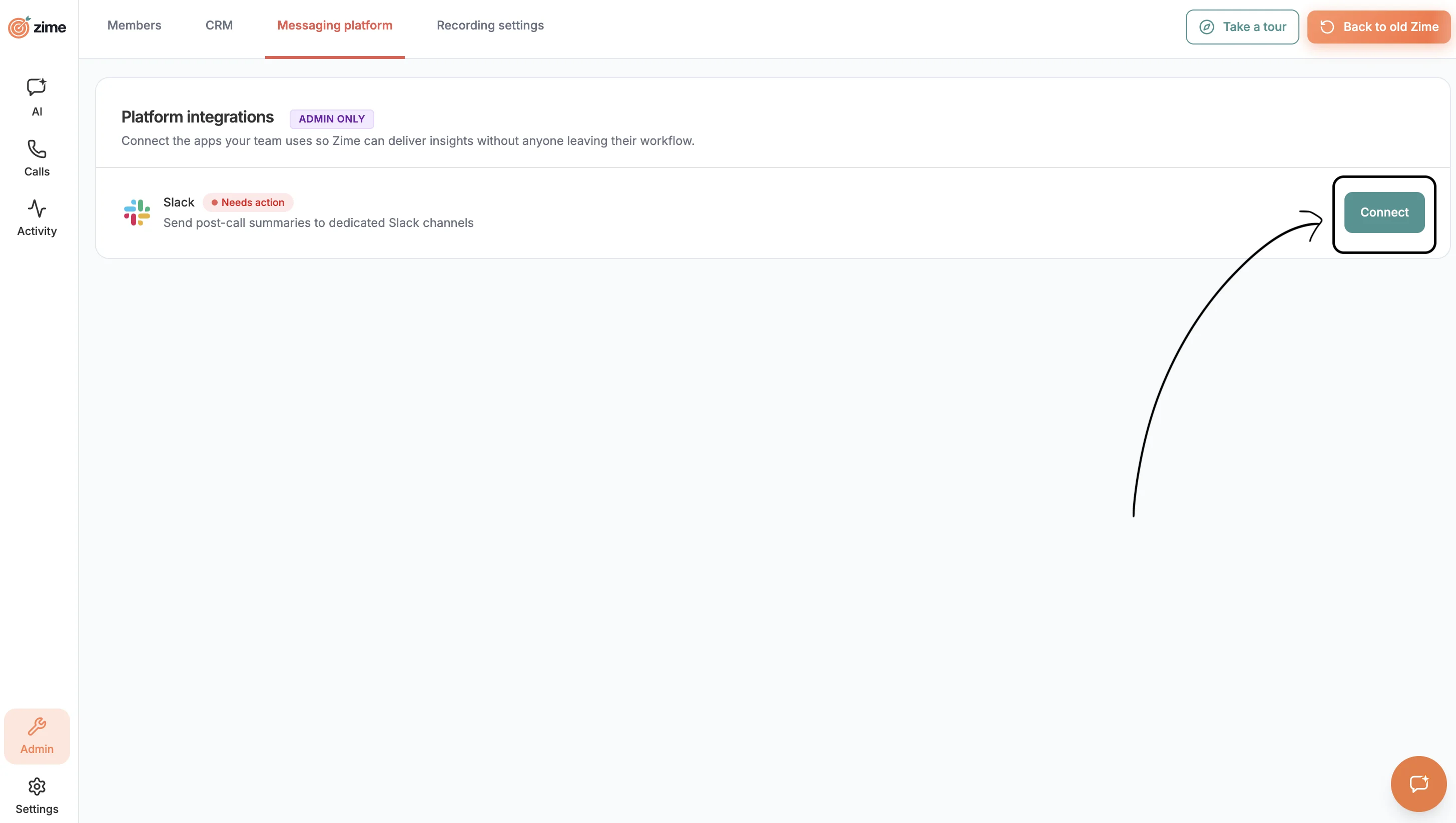 Zime AMA onboarding and sign-in flow in Slack, step 1